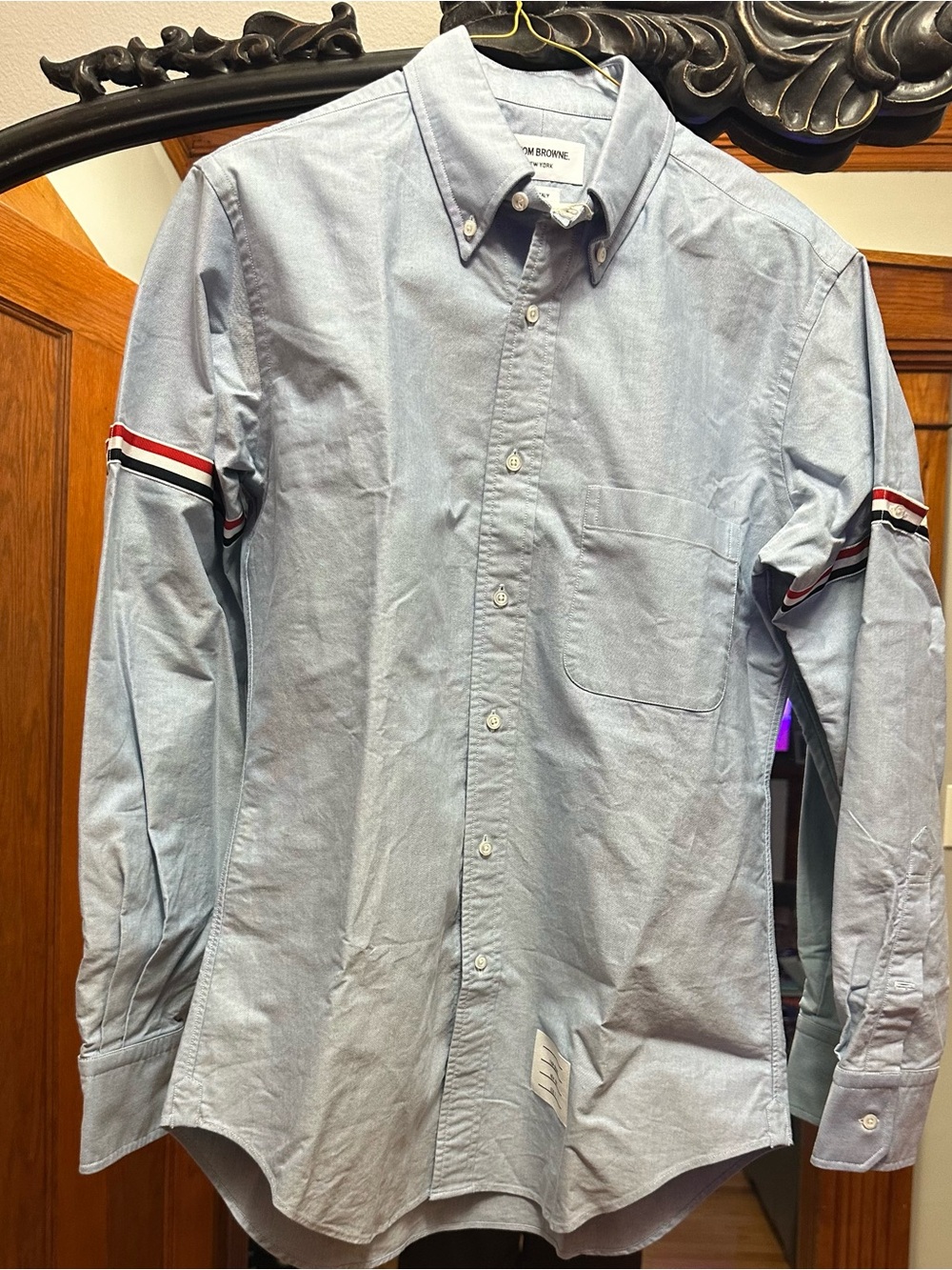 Thom Browne Light Blue Oxford Button-Down Shirt with Sleeve Stripe